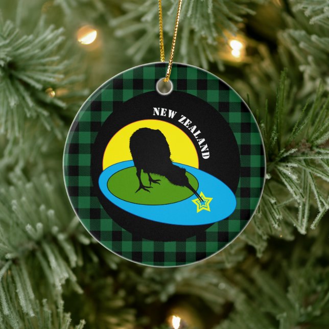 Décoration En Céramique Kiwi Bird & New Zealand Green Buffalo Plaid Rustic (Arbre)