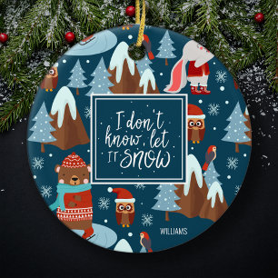 Décoration En Céramique Laisser neiger mignon animal avec le nom Bleu Noël