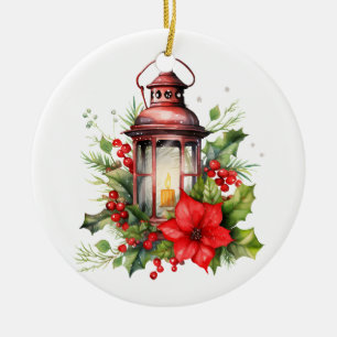 Décoration En Céramique Lanterne rouge de Noël Poinsettia et pin