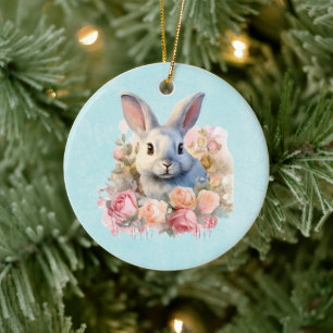 Décoration En Céramique Lapin avec une guirlande de roses Mignon