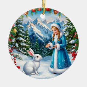Décoration En Céramique Lapin Blanc et Jeune Fille des Neiges en Forêt hiv
