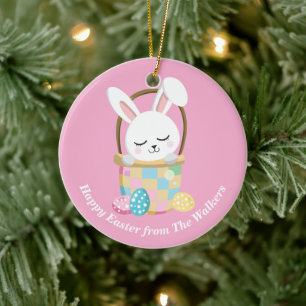 Décoration En Céramique Lapin de Pâques rose personnalisé joyeux