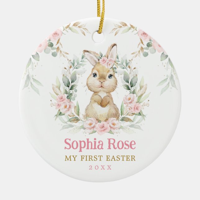 Décoration En Céramique Lapin Lapin Rose Floral Baby 1er Pâques (Devant)