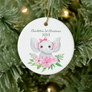 Décoration En Céramique Le 1er Noël de bébé Eléphant Rose Fleurs Vertes