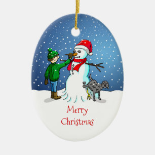 Décoration En Céramique Le bonhomme de neige, garçon et chien sur des déco