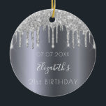 Décoration En Céramique Le Jour de l'Argent<br><div class="desc">An ornament for a girly and glamorous 21st birthday as a gift from her friends or parents. A faux silver metallic looking background with faux glitter drips, paint dripping look. On front: Personalize and add a date, a name and age. Le nom est dans le White with a moderne style...</div>