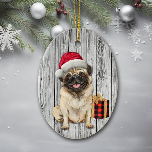 Décoration En Céramique Le mignon Santa Hat Carlin Chien sur Arrière - pla