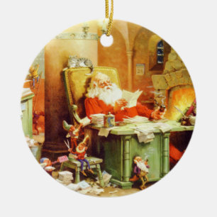 Décoration En Céramique Le père noël et ses elfes vérifient sa liste