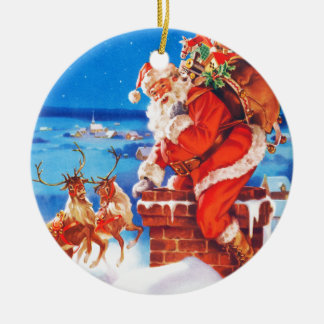 Décoration En Céramique Le père noël et son renne sur le dessus de toit