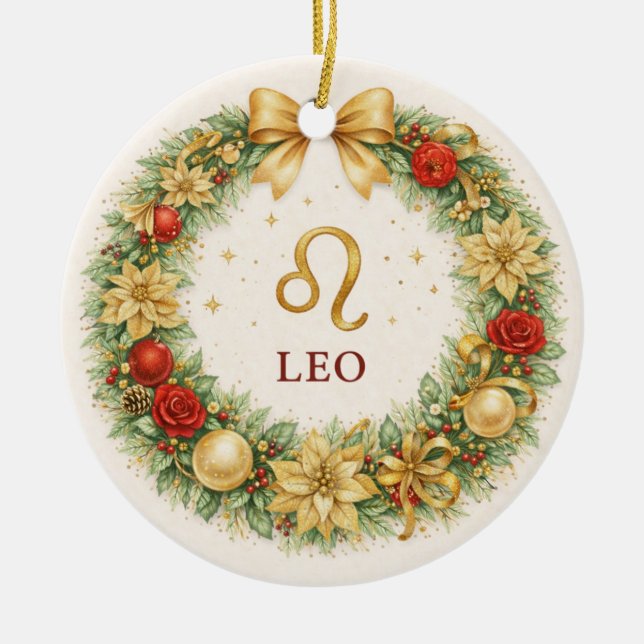 Décoration En Céramique Leo Zodiac Christmas Ornament – Golden Winter Wrea (Devant)
