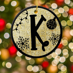 Décoration En Céramique Lettre K Monogramme de Noël Noir Paillettes Dorées