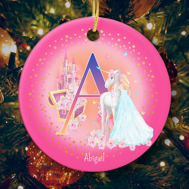 Décoration En Céramique Lettre Unicorne et Princesse A Monogramme Noël (This pretty pink monogrammed Christmas ornament is perfect for your little princess!)