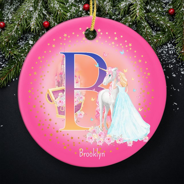 Décoration En Céramique Lettre Unicorne et Princesse B Monogramme Noël (This pretty pink monogrammed Christmas ornament is perfect for your little princess!)