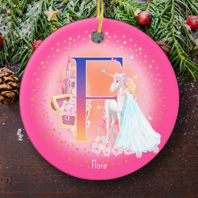Décoration En Céramique Lettre Unicorne et Princesse F Monogramme Noël (This pretty pink monogrammed Christmas ornament is perfect for your little princess!)