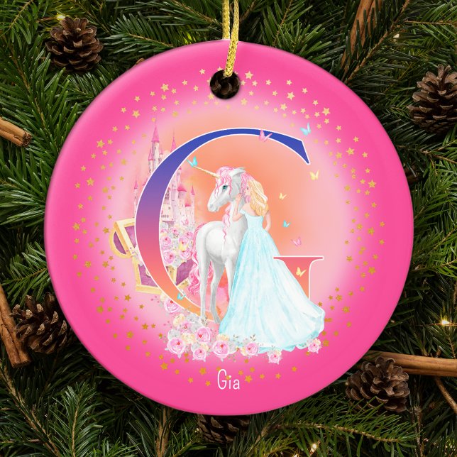 Décoration En Céramique Lettre Unicorne et Princesse G Monogramme Noël (This pretty pink monogrammed Christmas ornament is perfect for your little princess!)