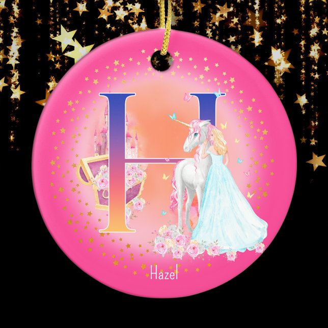 Décoration En Céramique Lettre Unicorne et Princesse H Monogramme Noël (This pretty pink monogrammed Christmas ornament is perfect for your little princess!)
