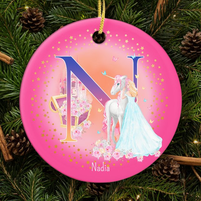 Décoration En Céramique Lettre Unicorne et Princesse N Monogramme Noël (This pretty pink monogrammed Christmas ornament is perfect for your little princess!)
