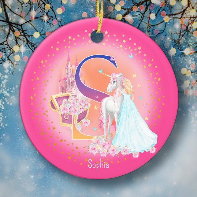 Décoration En Céramique Lettre Unicorne et Princesse S Monogramme Noël (This pretty pink monogrammed Christmas ornament is perfect for your little princess!)