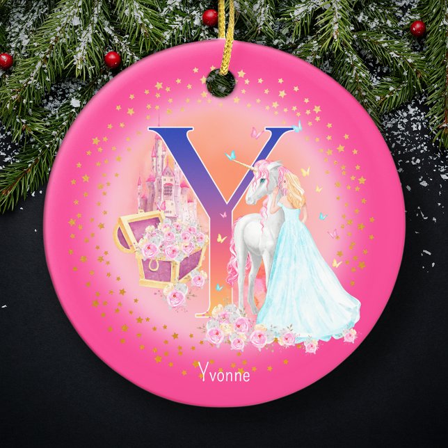 Décoration En Céramique Lettre Unicorne et Princesse Y Monogramme Noël (This pretty pink monogrammed Christmas ornament is perfect for your little princess!)