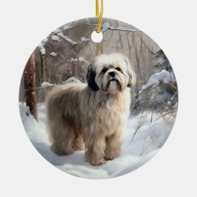 Décoration En Céramique Lhassa Apso Laisse Neige Noël (Devant)