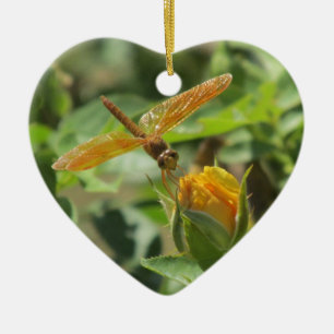 Décoration En Céramique Libellule orange sur Rosebud jaune