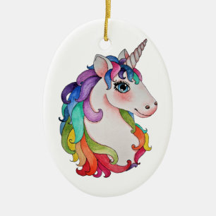 Décoration En Céramique Licorne d'aquarelle avec des cheveux d'arc-en-ciel