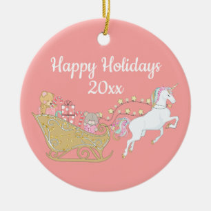 Décoration En Céramique Licorne Rose Joyeux Noël Sleigh du Père Noël