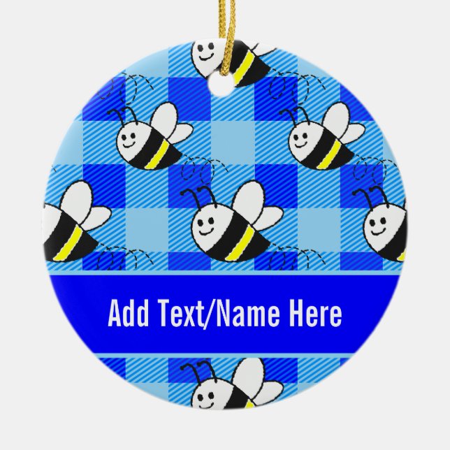 Décoration En Céramique Little Bee Blue Plaid Motif Nom personnalisé (Devant)