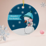 Décoration En Céramique Little Pig and Snowman Hugging First Christmas<br><div class="desc">Adorable first Christmas ornament with an illustration of a snowman and a pig hugging each other. One one side the background is dark blue and you can personalize the text with your own. On the other side, the background is white and there is not text. Illustrated and designed by Patricia...</div>