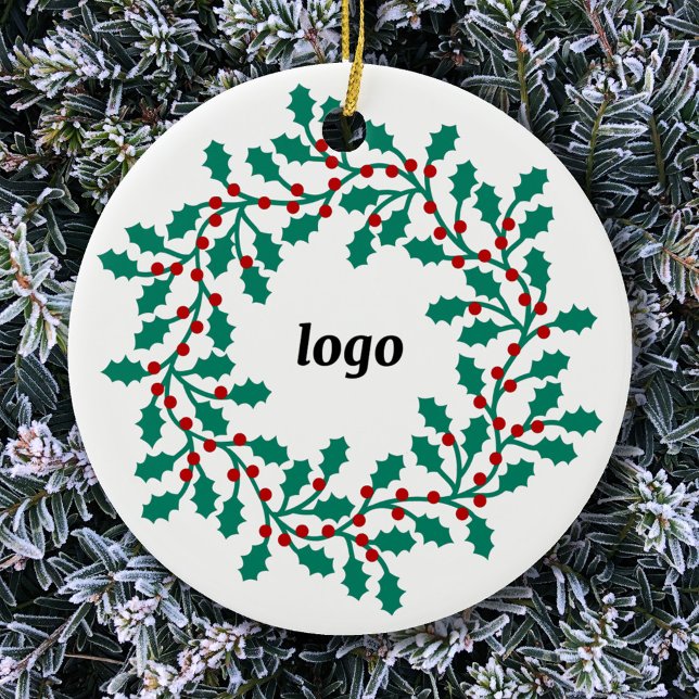 Décoration En Céramique Logo Holly Wreath Business (Logo wreath business promotional ceramic holiday ornament)
