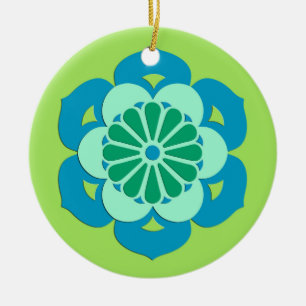 Décoration En Céramique Lotus Flower Mandala, Lime Green et Bleu clair