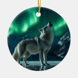 Décoration En Céramique Loup hurlant sous les aurores boréales