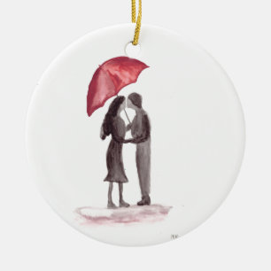 Décoration En Céramique Love couple rouge parapluie peinture