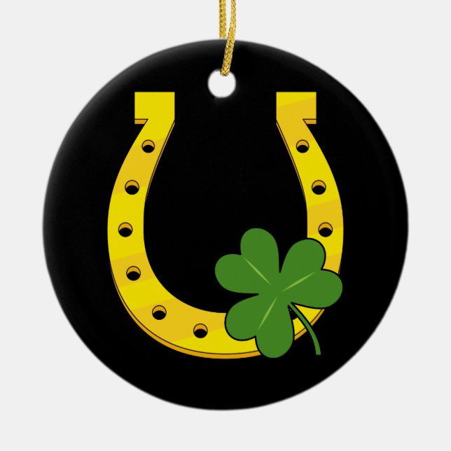 Décoration En Céramique Lucky Golden Horseshoe avec Shamrock sur noir (Devant)