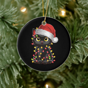 Décoration En Céramique Lumières de sapin de Noël de chat noir drôle de ch
