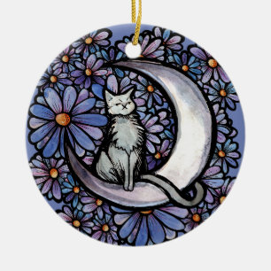 Décoration En Céramique Luna Moon Chat Purple Daisy