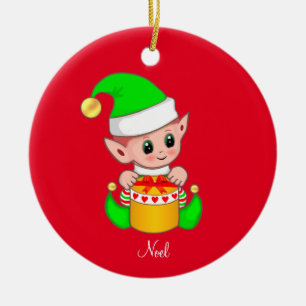 Décoration En Céramique Lutin de Noël sur fond rouge