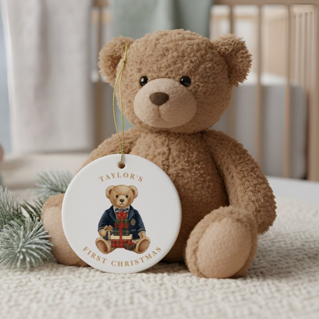 Décoration En Céramique Luxe Preppy Plaid Teddy Bear | 1st Christmas (Créateur téléchargé)