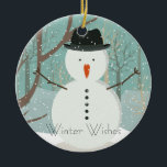 Décoration En Céramique M. Winter Souhaite Snowman Ornament Round<br><div class="desc">Laisse-le neiger ! Laisse-le neiger ! Laisse-le neiger ! M. Snowman avec chapeau et nez de carotte adore la neige. Jolie silhouette arrière - plan et brune. Belle image hivernale. Personnalisez en changeant le texte. Image vectorielle de M. Winter Snowman étendue de la licence de Fotolia.com - © grgroup -...</div>