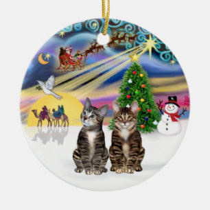 Décoration En Céramique Magie de Noël - Deux chats tigrés bruns