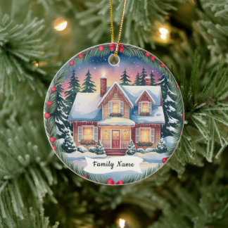 Décoration En Céramique Maison de famille personnalisée Noël aquarelle