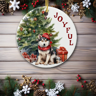Décoration En Céramique Malamute Chien dans l'écharpe et Noël Casquette