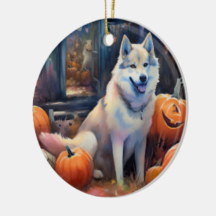 Décoration En Céramique Malamute d'Alaska Halloween avec citrouilles effra