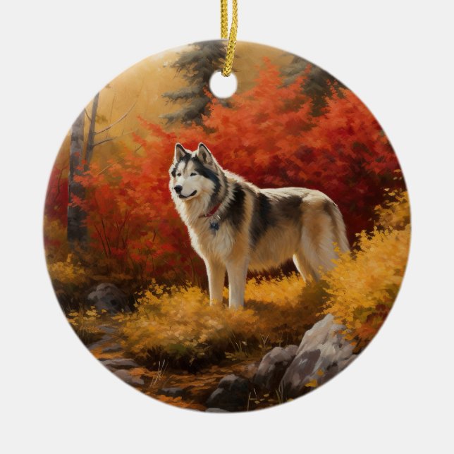 Décoration En Céramique Malamute en Alaska à l'automne Feuilles automne in (Devant)