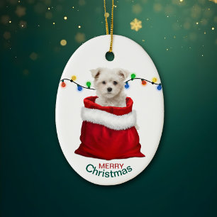 Décoration En Céramique Maltese Puppy Dog in Holiday Gift Bag