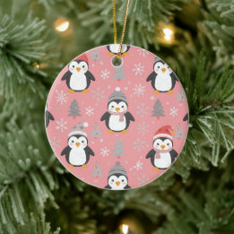 Décoration En Céramique Manchots de Noël Motif Rose Gris