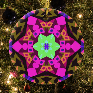 Décoration En Céramique Mandala Flower rose orange et vert
