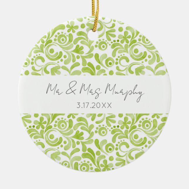 Décoration En Céramique Mariage à l'aquarelle verte Art NAME DATE Souvenir (Devant)