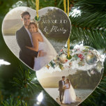 Décoration En Céramique Marié & Joyeux Double Coeur Mariage Photo<br><div class="desc">Marié et joyeux ornement photo - parfait pour les jeunes mariés de noël premier ou pour tout couple heureux marié! Le modèle photo est configuré pour que vous puissiez ajouter une photo mariage de chaque côté. L'un des côtés a une élégante superposition de texte qui dit "marié & joyeux" et...</div>
