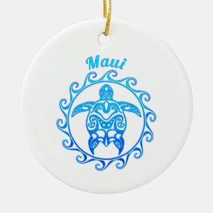 Décoration En Céramique Maui Tortue Tribale Bleue